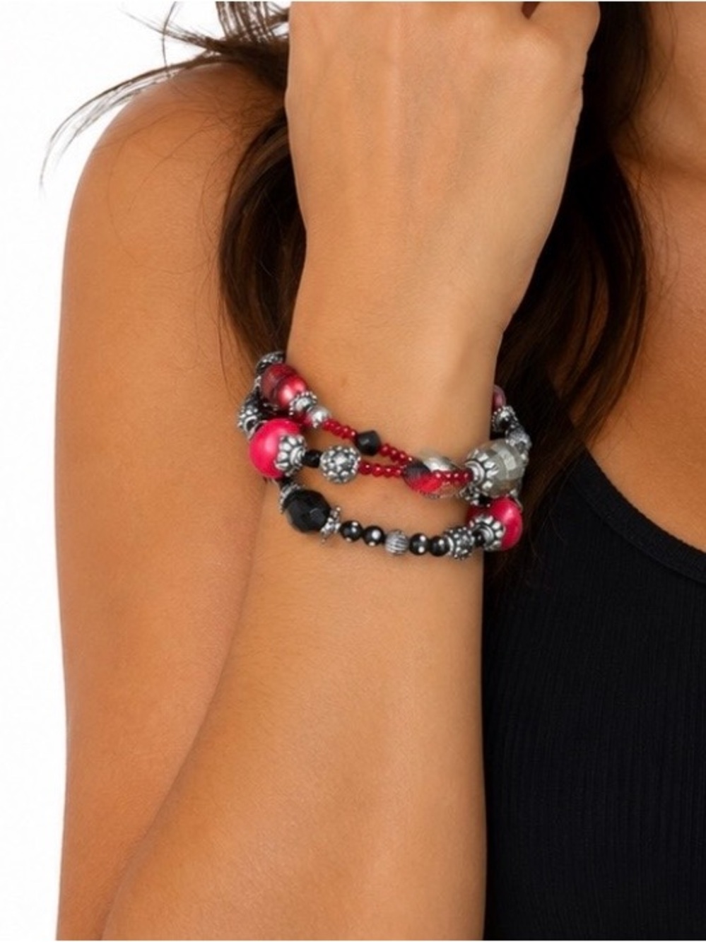 Red Gray Black Multi Strand Beaded Wrap Bracelet Memory Wire Boho Statement